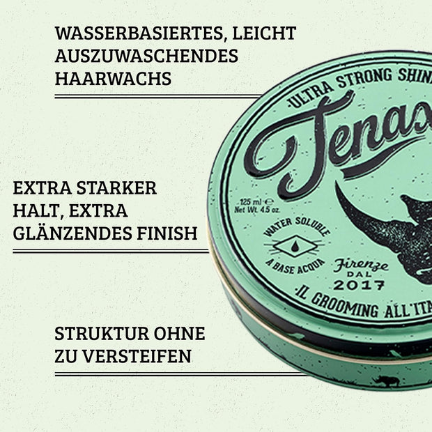 Tenax Ultra Strong Shine Pomade 125 ml, Cera capelli uomo con tenuta altissima, Cera per capelli a base d'acqua da usare su capelli asciutti o umidi, Hair wax per un'acconciatura lucida e morbida