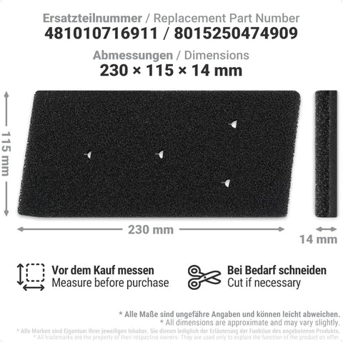 2 x Filtro Asciugatrice Whirlpool, Filtro per Bauknecht Privileg Whirlpool HX 481010716911 e 8015250474909, Filtro in Spugna per Asciugatrice a Condensazione e a Pompa di Calore 230x115x14 mm