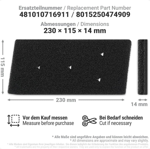 2 x Filtro Asciugatrice Whirlpool, Filtro per Bauknecht Privileg Whirlpool HX 481010716911 e 8015250474909, Filtro in Spugna per Asciugatrice a Condensazione e a Pompa di Calore 230x115x14 mm